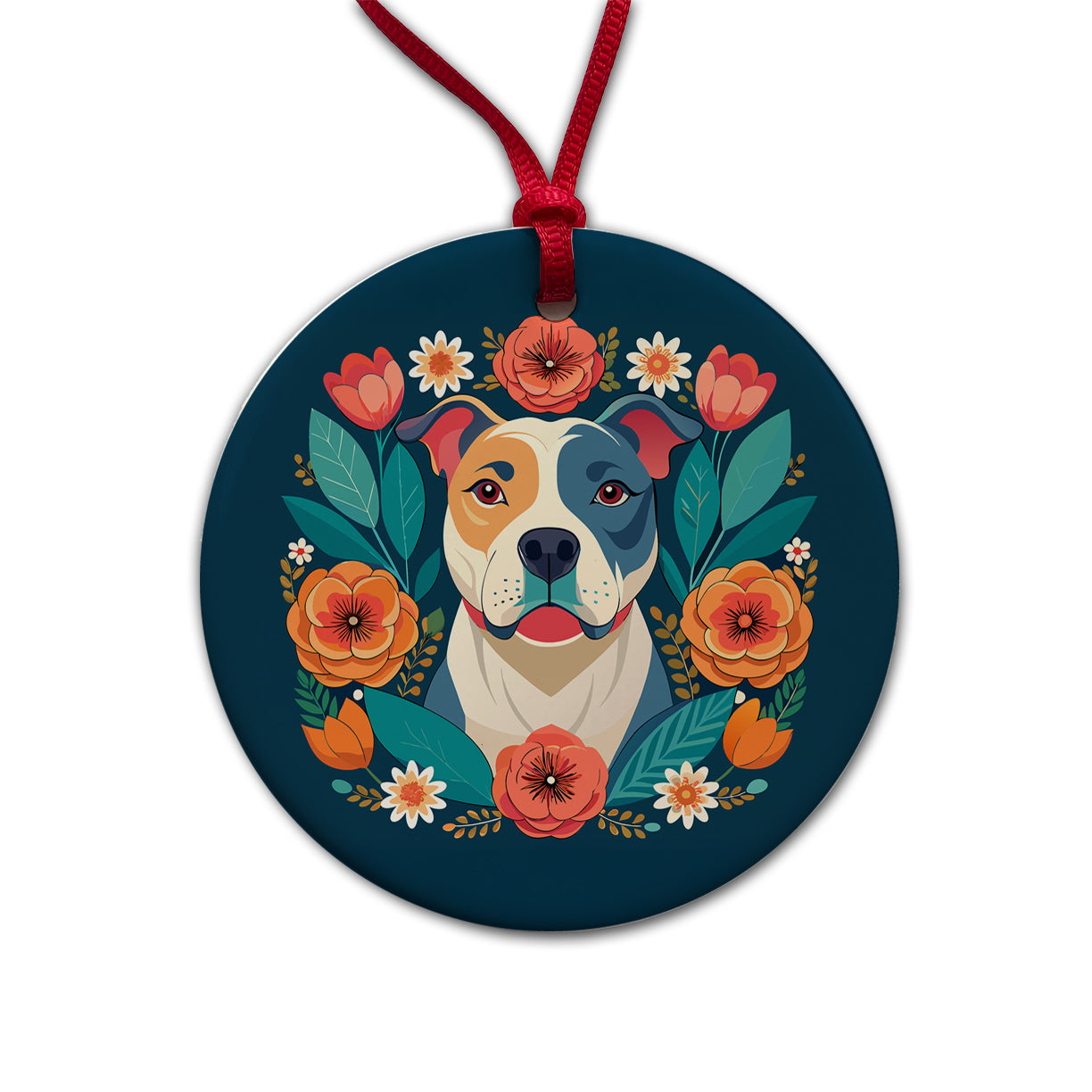 American Bulldog Dog Floral Flowers Round Ceramic Holiday Christmas Tree Ornament