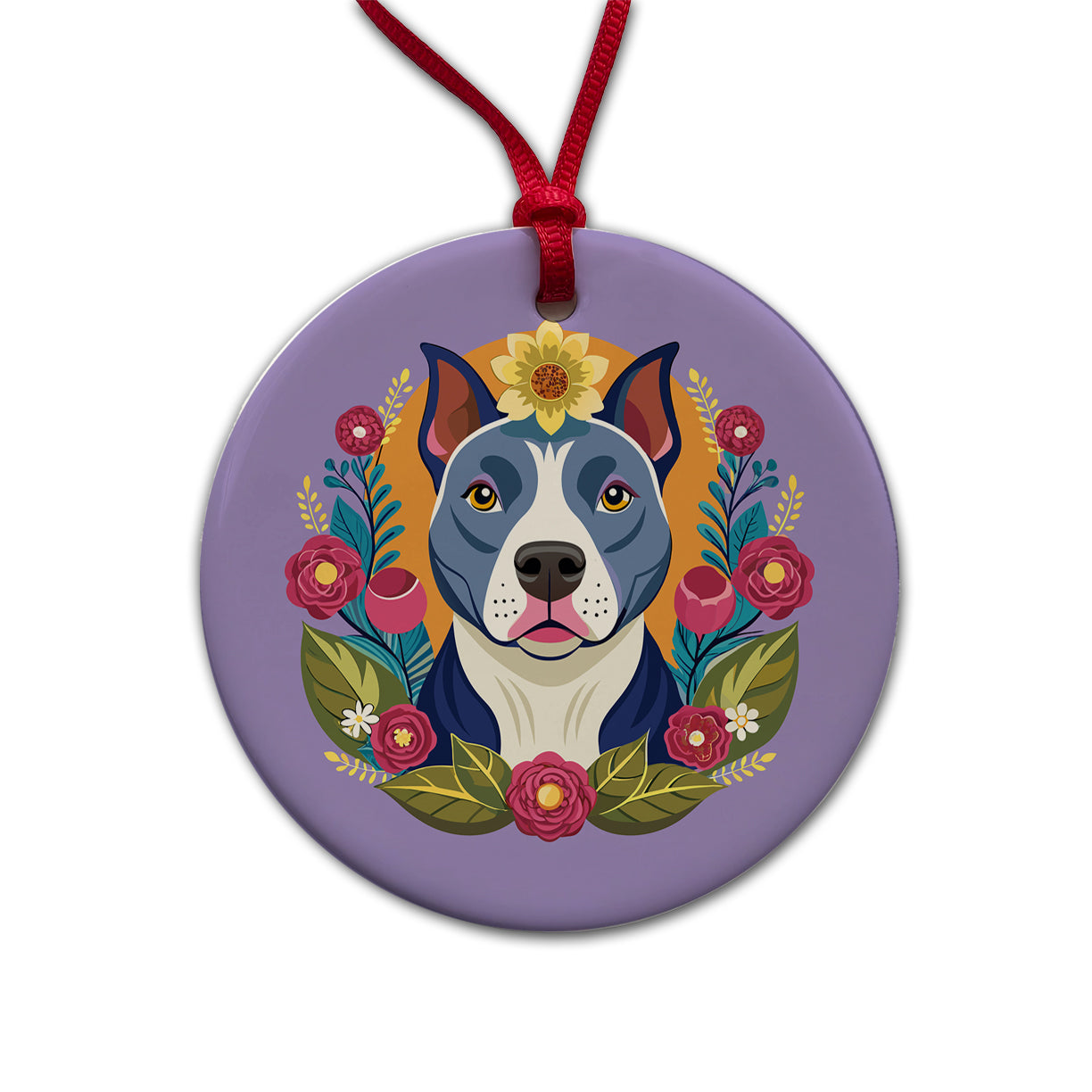 American Pit Bull Terrier Dog Floral Flowers Round Ceramic Holiday Christmas Tree Ornament