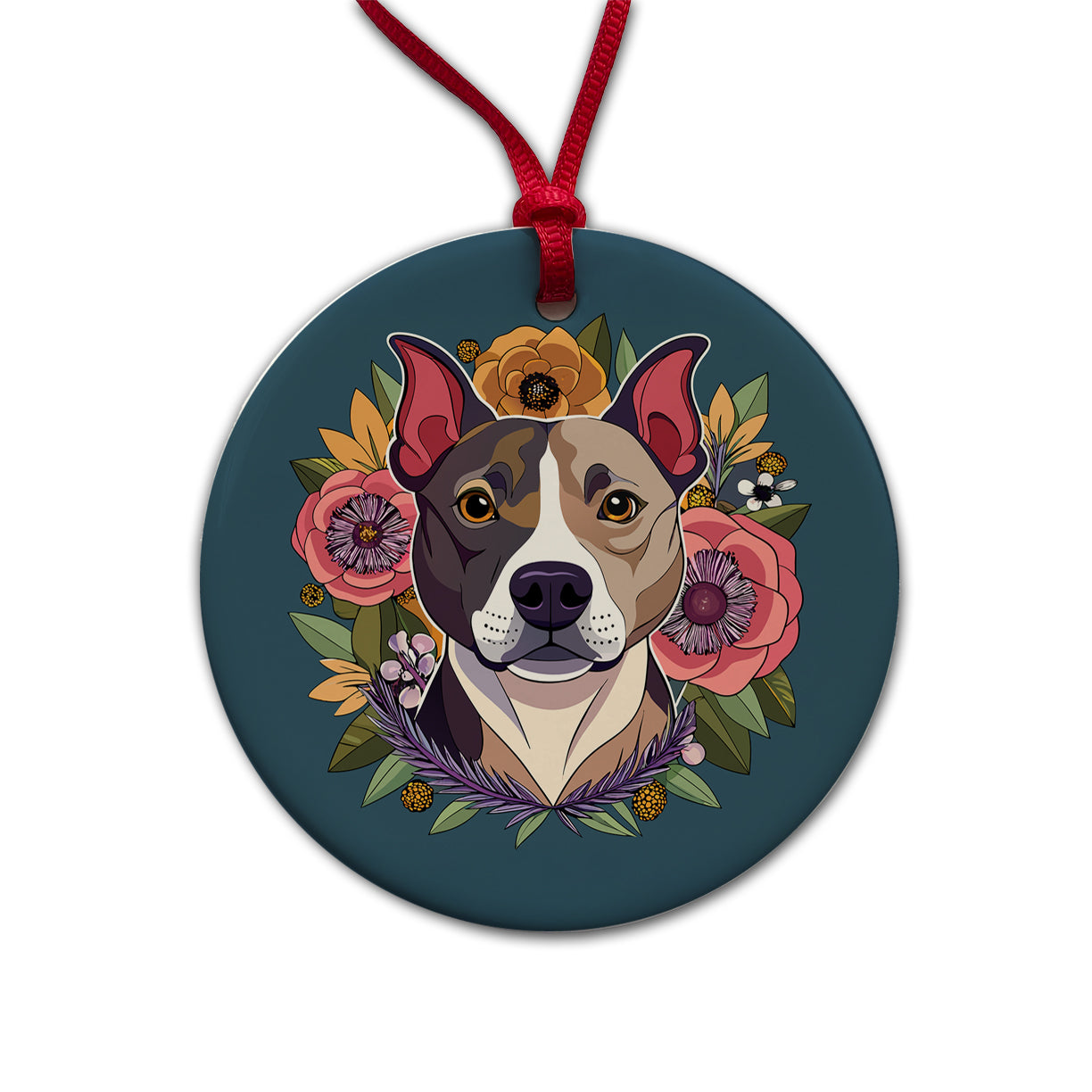 American Staffordshire Terrier Dog Floral Flowers Round Ceramic Holiday Christmas Tree Ornament