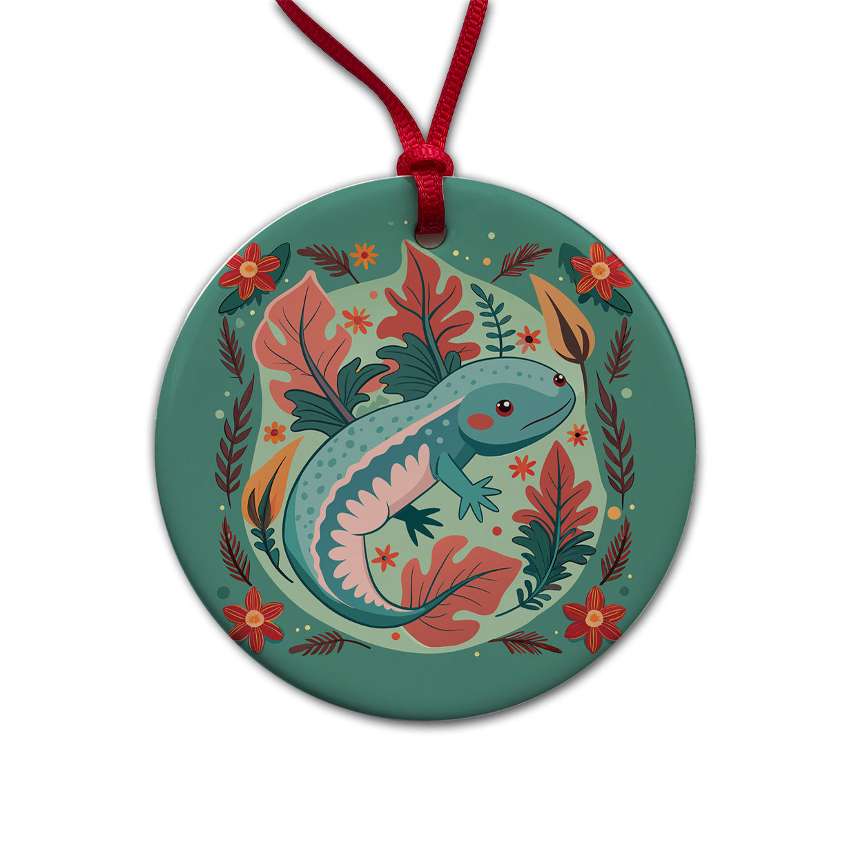 Axolotl Floral Motif Round Ceramic Holiday Christmas Tree Ornament