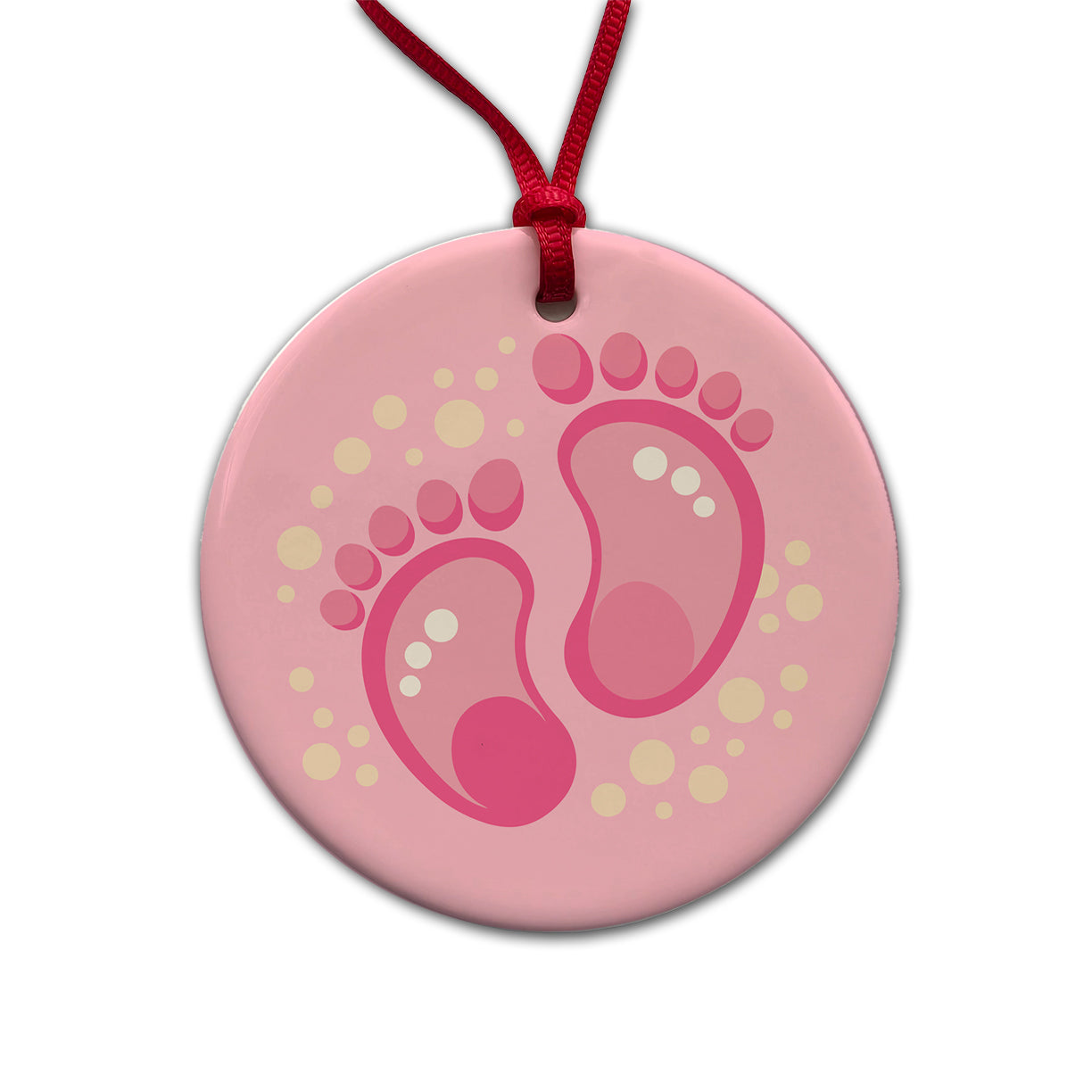 Baby Footprints Pink Round Ceramic Holiday Christmas Tree Ornament