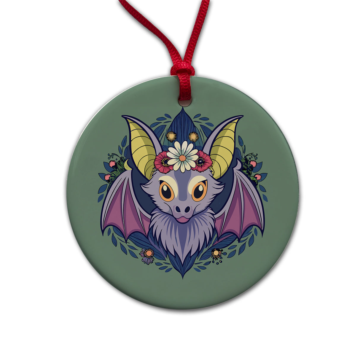 Bat Floral Flowers Halloween Round Ceramic Holiday Christmas Tree Ornament