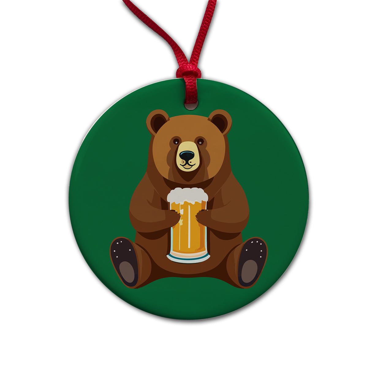 Bear Drinking Beer Sitting Funny Round Ceramic Holiday Christmas Tree Ornament
