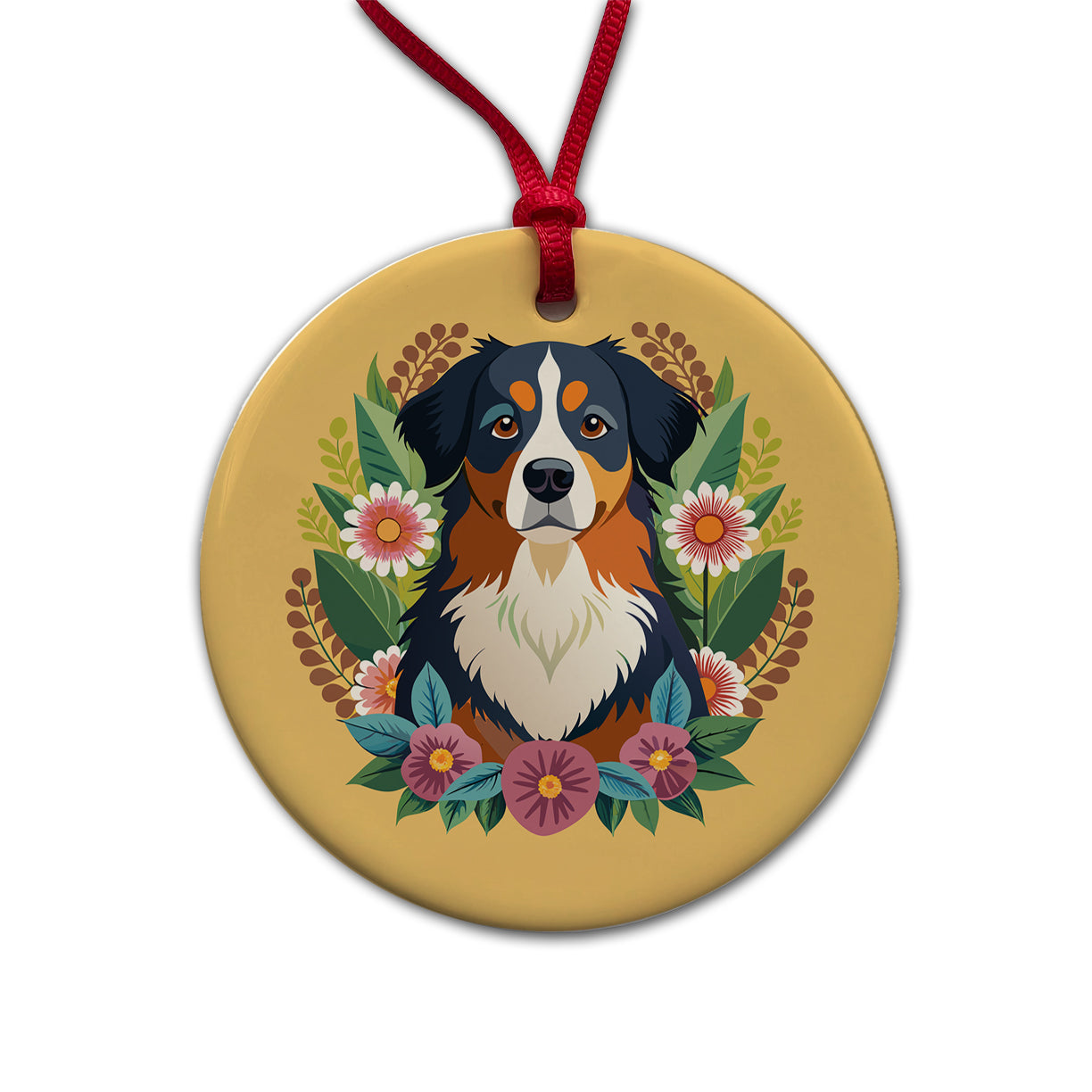 Bernese Mountain Dog Floral Flowers Round Ceramic Holiday Christmas Tree Ornament