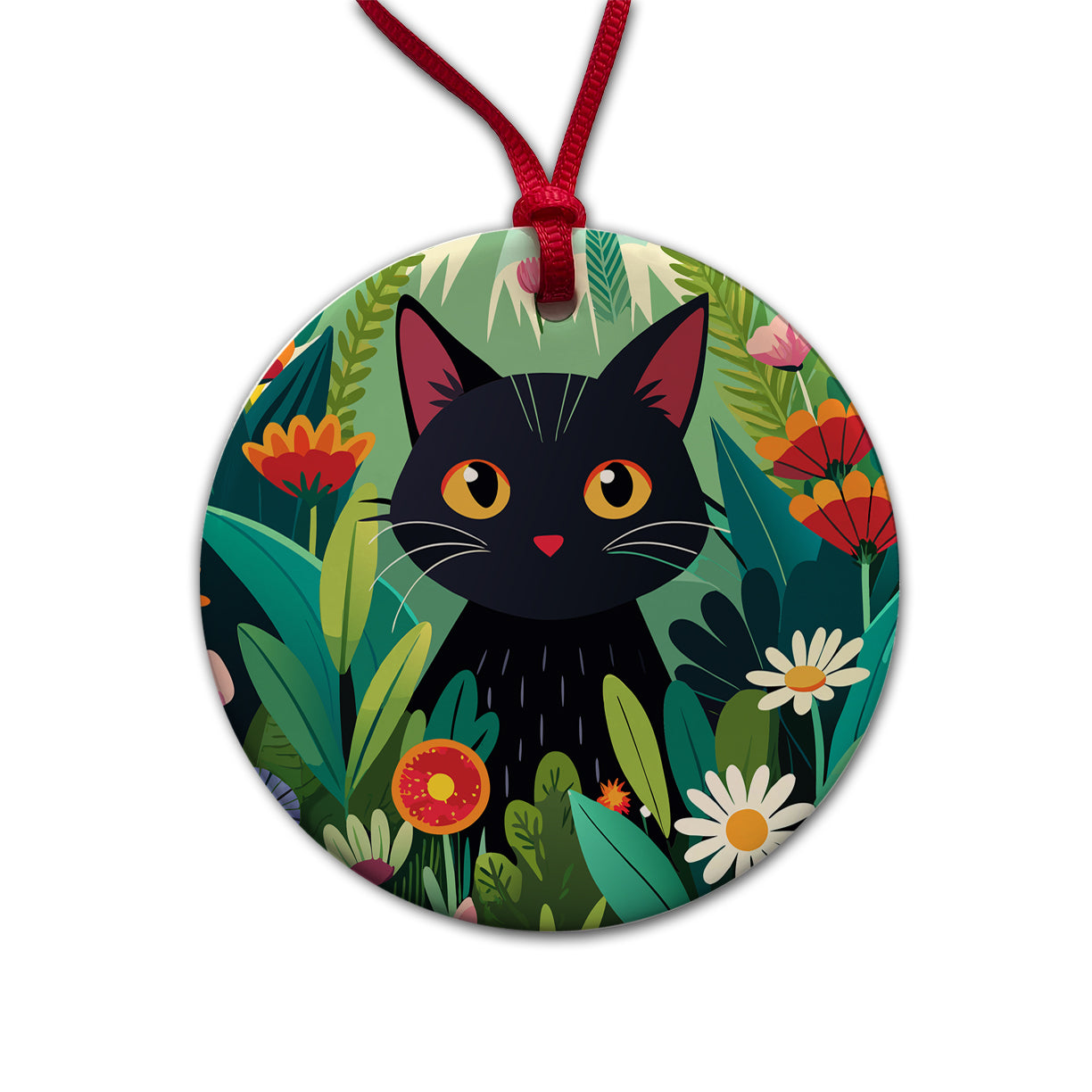 Black Cat Hiding in Flower Garden Round Ceramic Holiday Christmas Tree Ornament