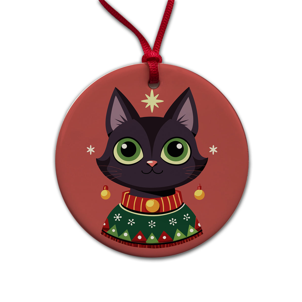 Black Cat Wearing Christmas Sweater Round Ceramic Holiday Christmas Tree Ornament