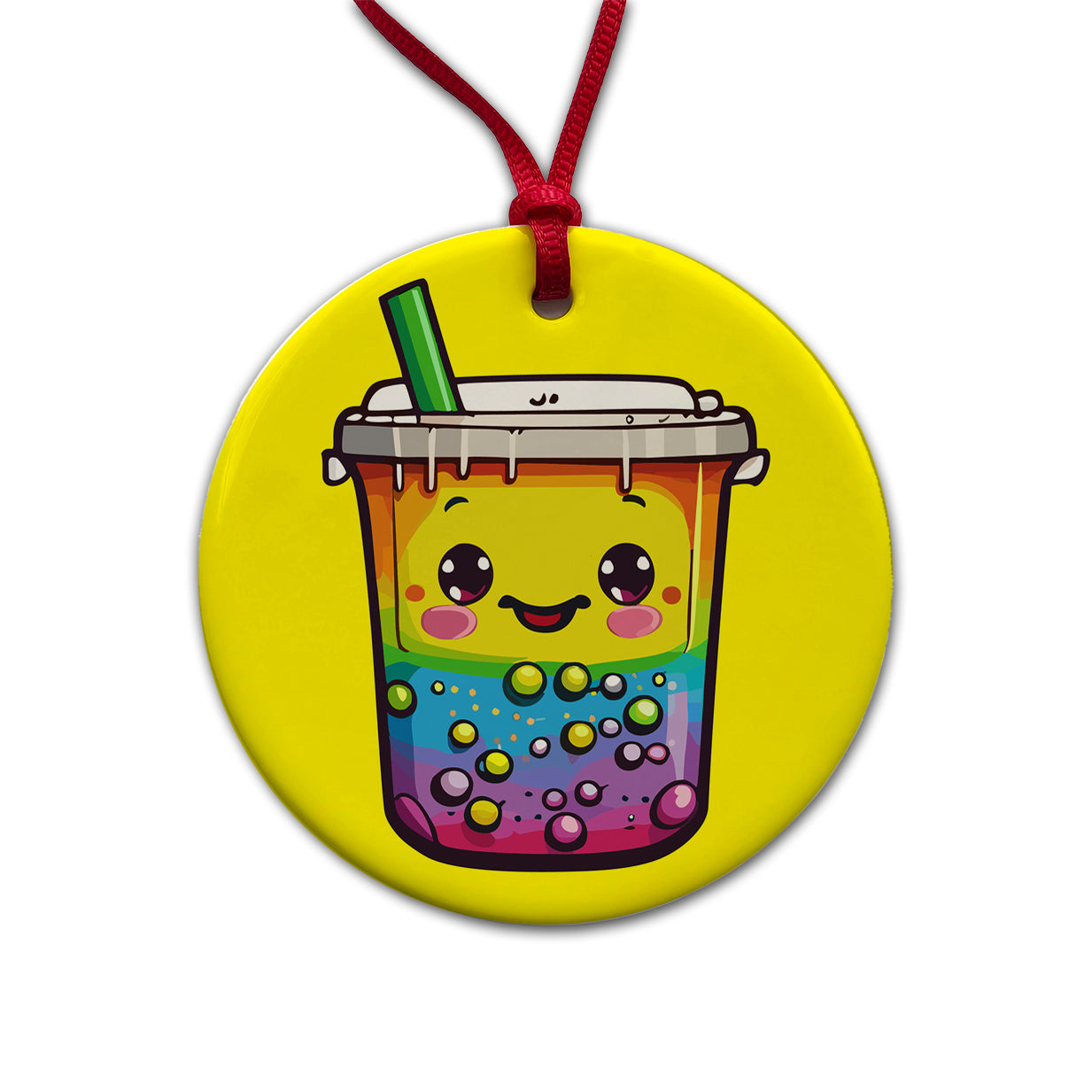 Boba Bubble Tea Rainbow Cute Round Ceramic Holiday Christmas Tree Ornament