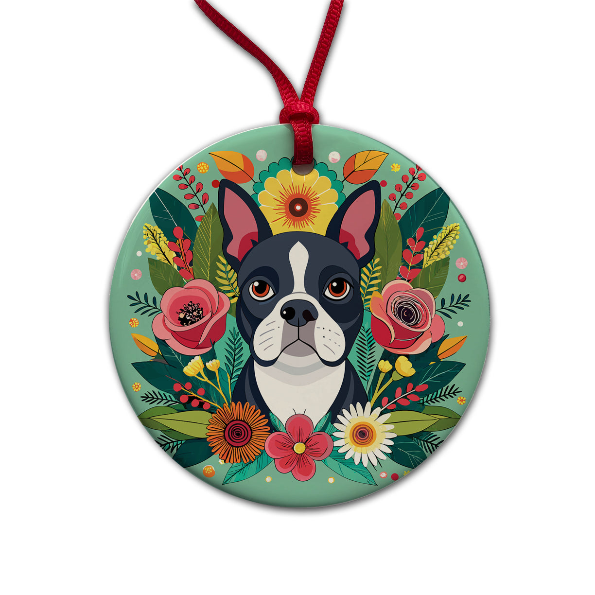 Boston Terrier Dog Floral Flowers Round Ceramic Holiday Christmas Tree Ornament