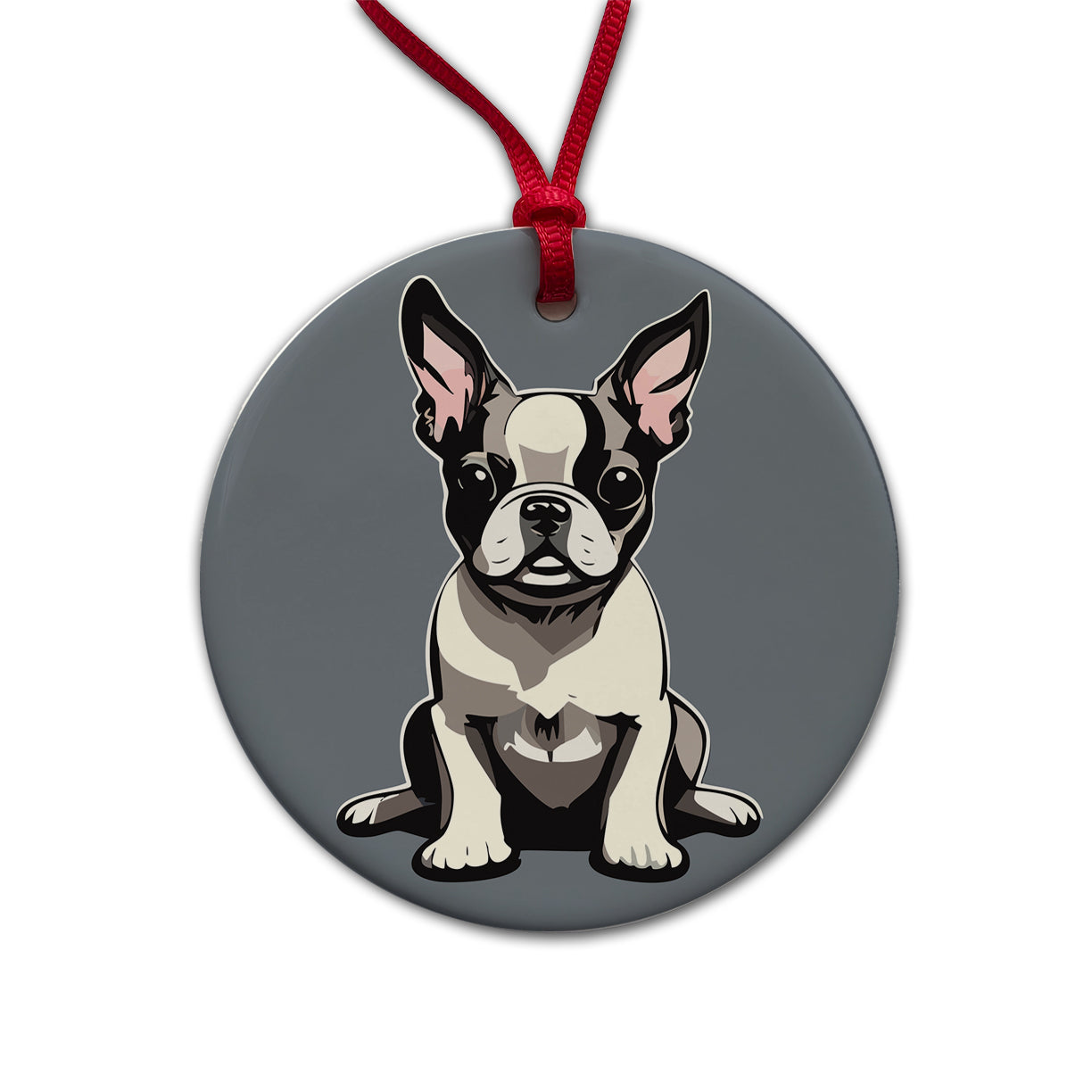 Boston Terrier Dog Sitting Round Ceramic Holiday Christmas Tree Ornament