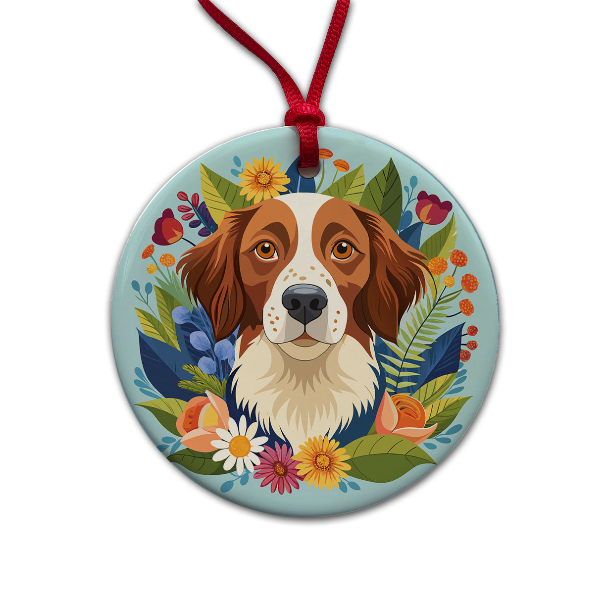 Brittany Spaniel Dog Floral Flowers Round Ceramic Holiday Christmas Tree Ornament