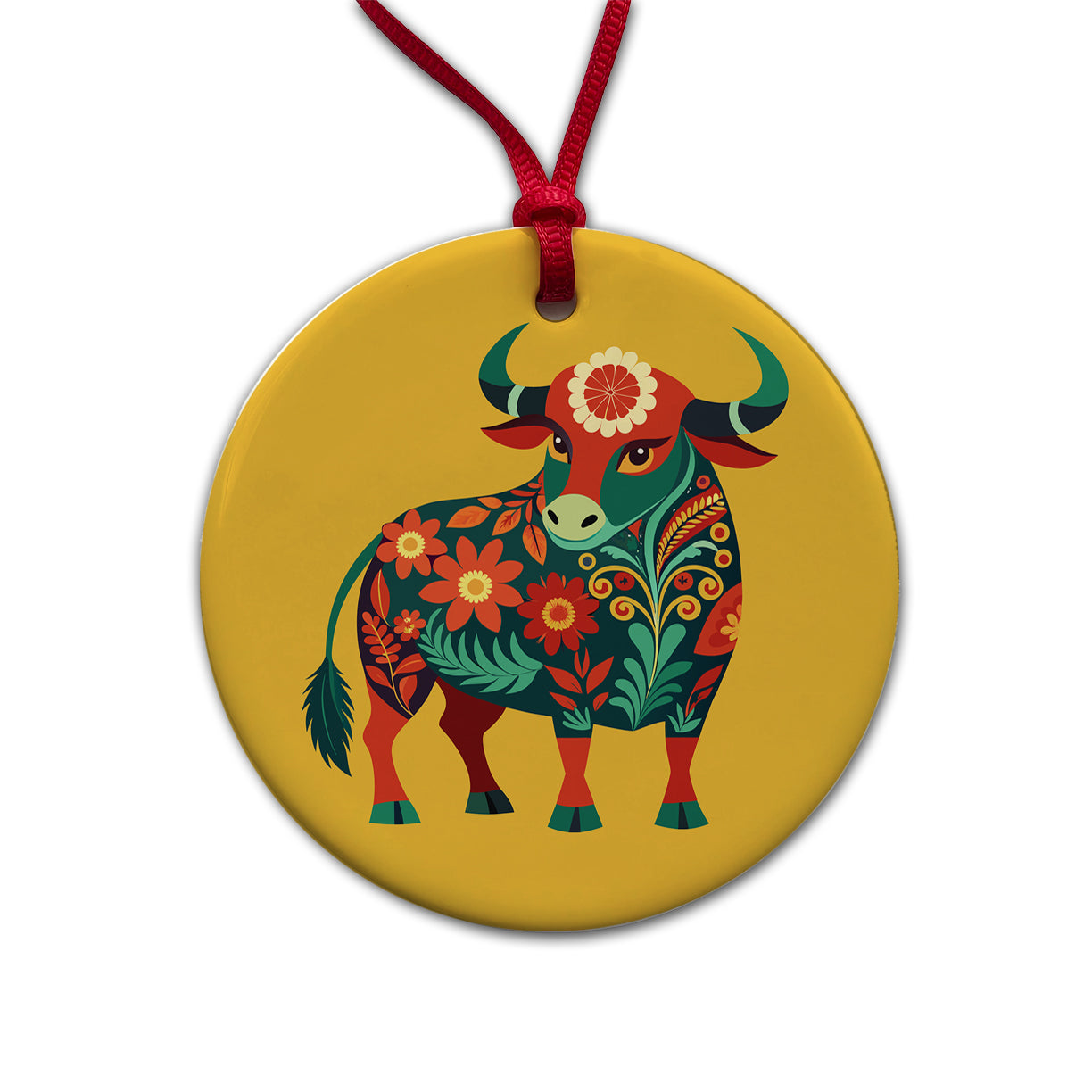 Bull Cow Floral Flowers Round Ceramic Holiday Christmas Tree Ornament