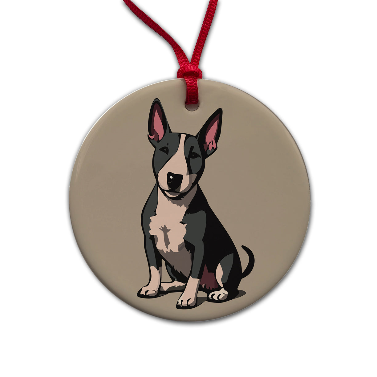 Bull Terrier Dog Sitting Round Ceramic Holiday Christmas Tree Ornament