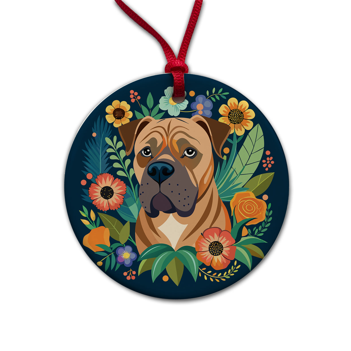 Bullmastiff Dog Floral Flowers Round Ceramic Holiday Christmas Tree Ornament