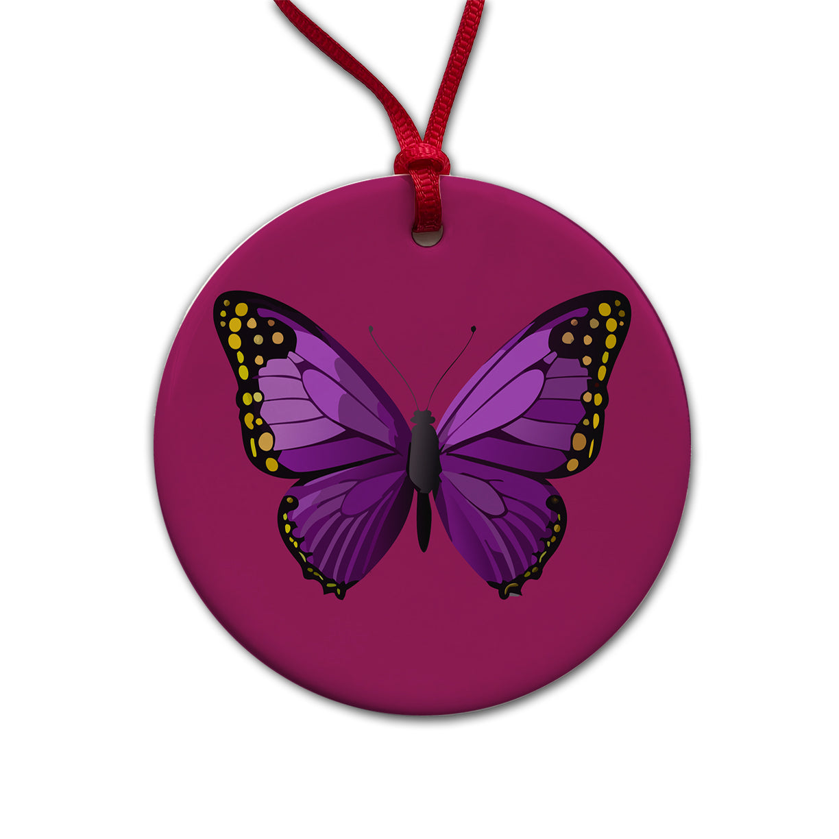 Butterfly Purple Round Ceramic Holiday Christmas Tree Ornament