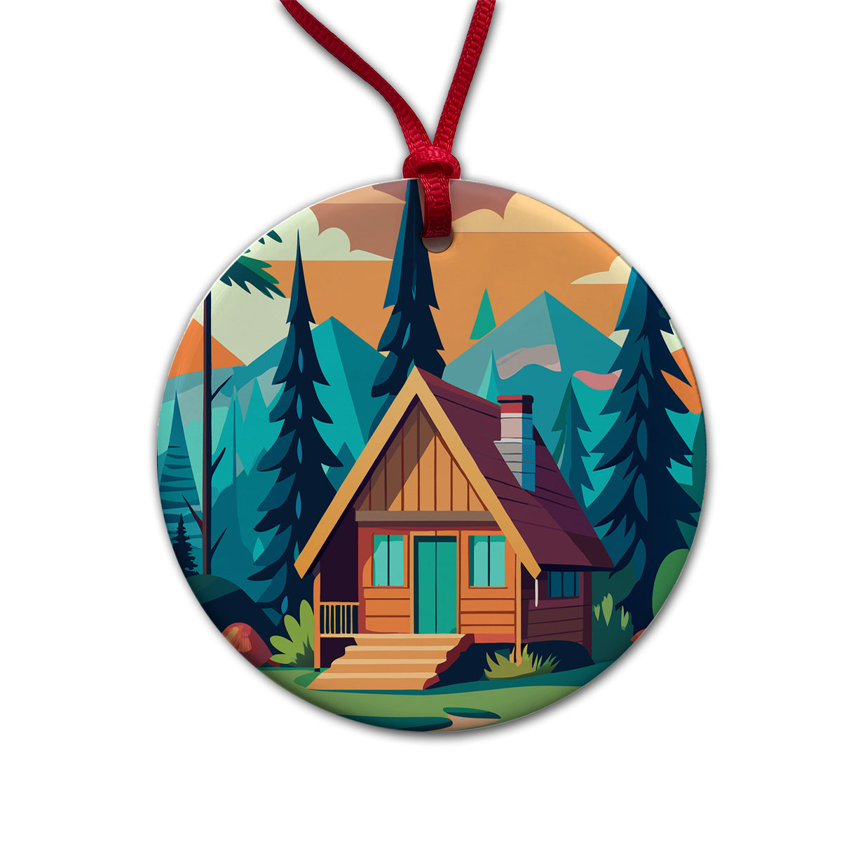 Cabin in the Forest Rustic Log Round Ceramic Holiday Christmas Tree Ornament