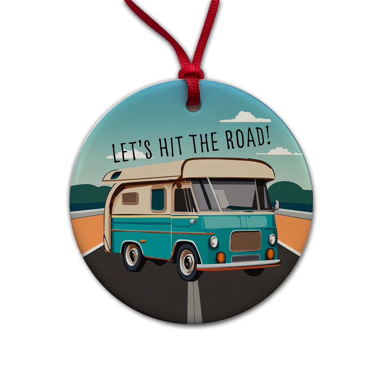 Camper RV Retro Vintage Traveling Hit the Road Camping Round Ceramic Holiday Christmas Tree Ornament