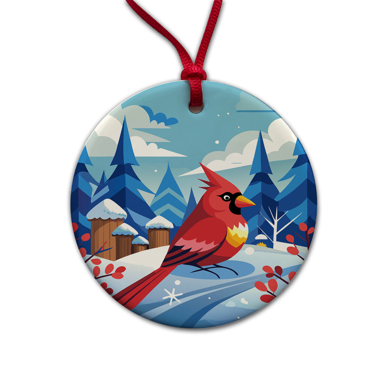 Cardinal in Winter Snow Scene Round Ceramic Holiday Christmas Tree Ornament