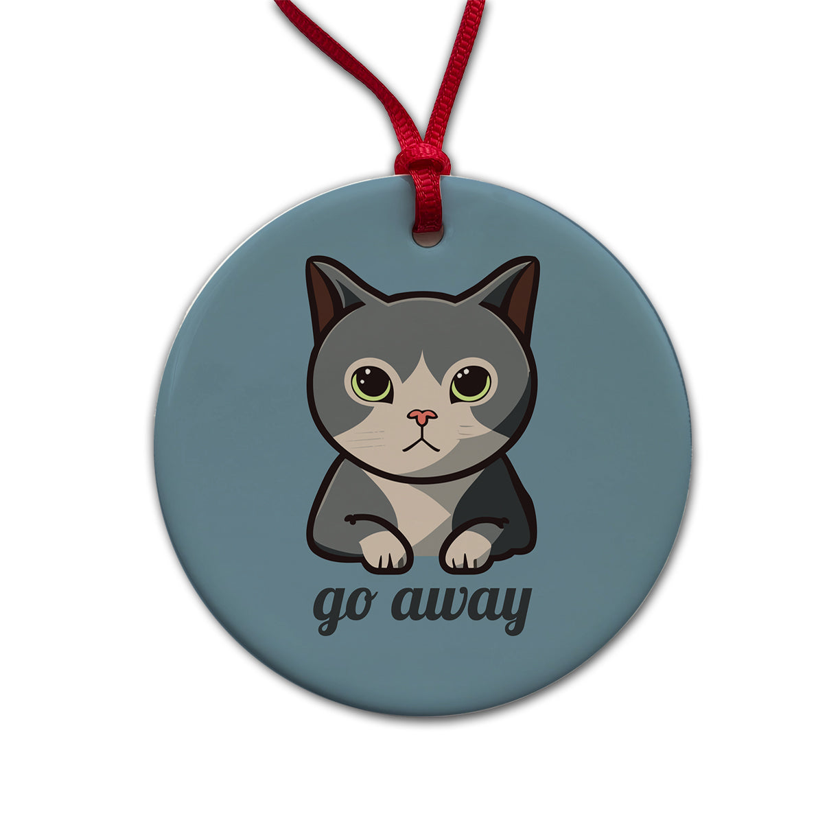 Cat Gray Go Away Funny Round Ceramic Holiday Christmas Tree Ornament
