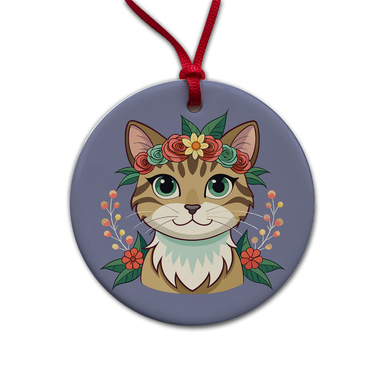 Cat Head Floral Flowers Round Ceramic Holiday Christmas Tree Ornament