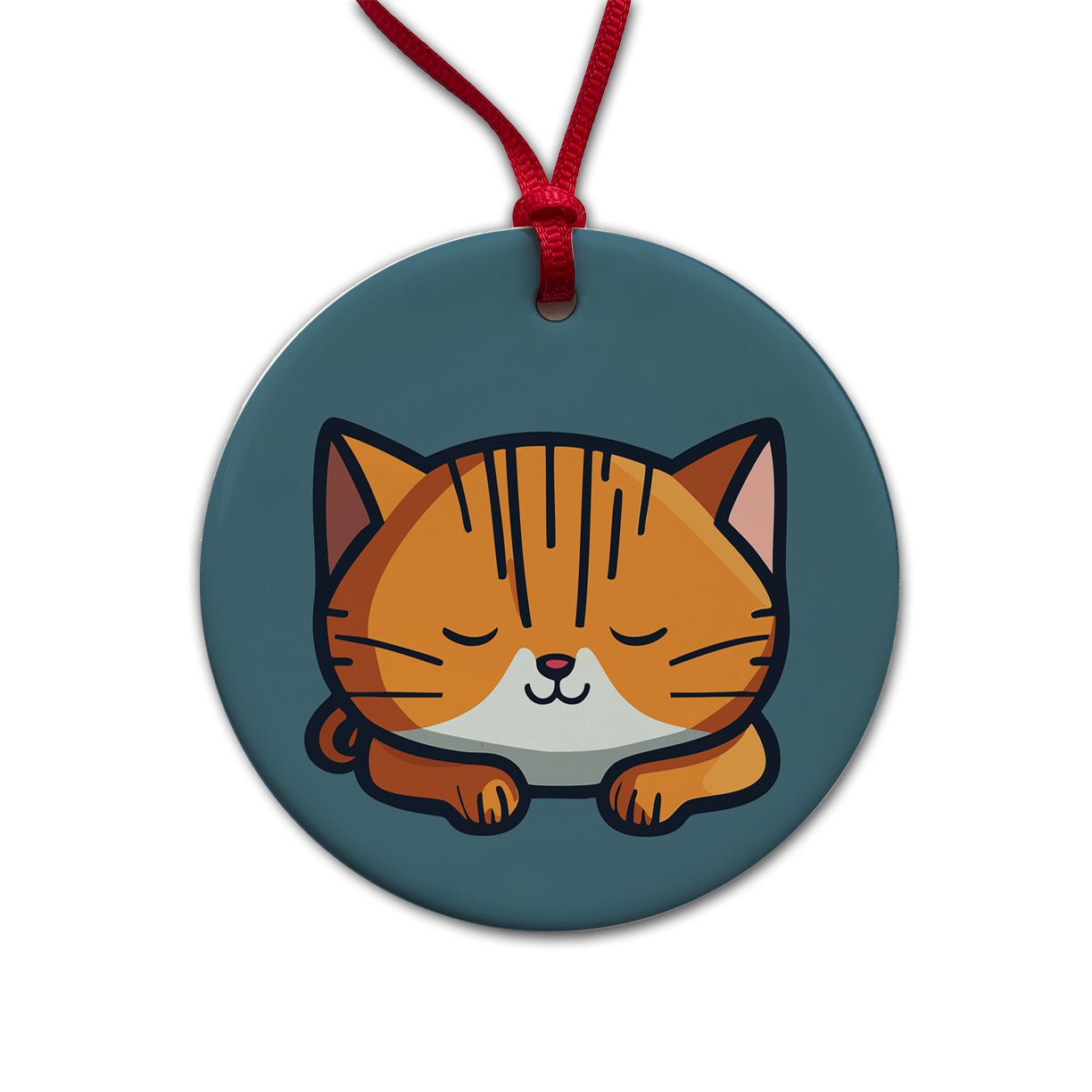 Cat Orange White Sleeping Round Ceramic Holiday Christmas Tree Ornament