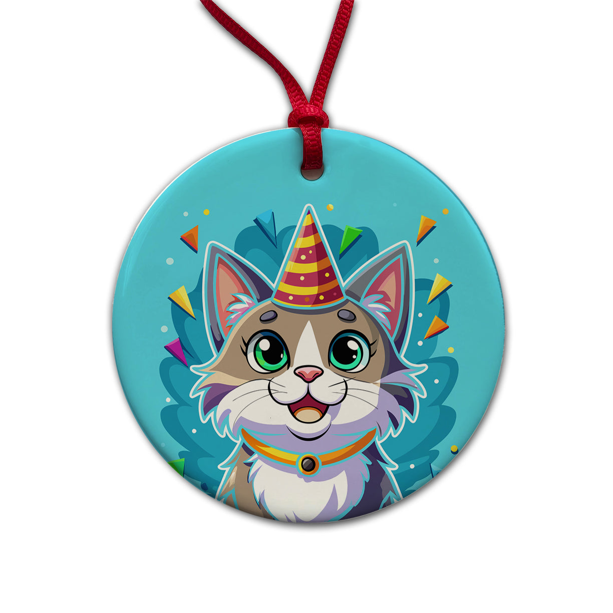 Cat Wearing Birthday Hat Round Ceramic Holiday Christmas Tree Ornament