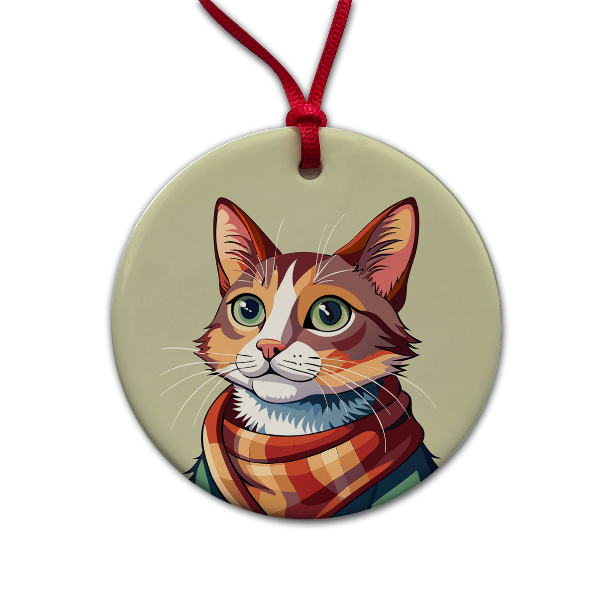 Cat Wearing Scarf Round Ceramic Holiday Christmas Tree Ornament