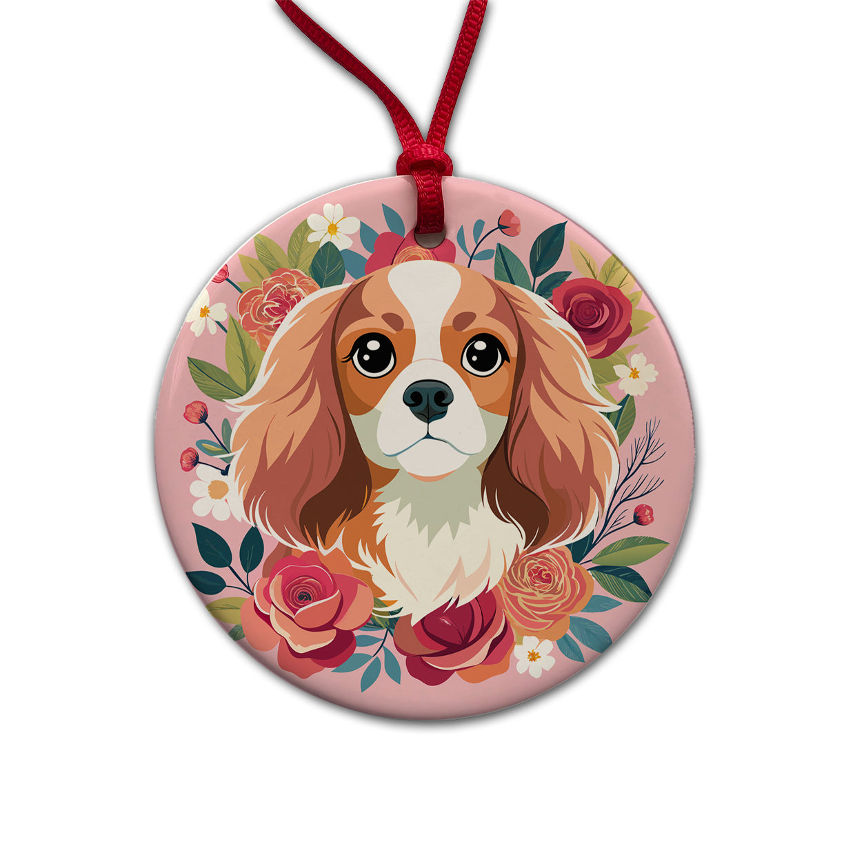 Cavalier King Charles Spaniel Dog Pink Floral Flowers Round Ceramic Holiday Christmas Tree Ornament