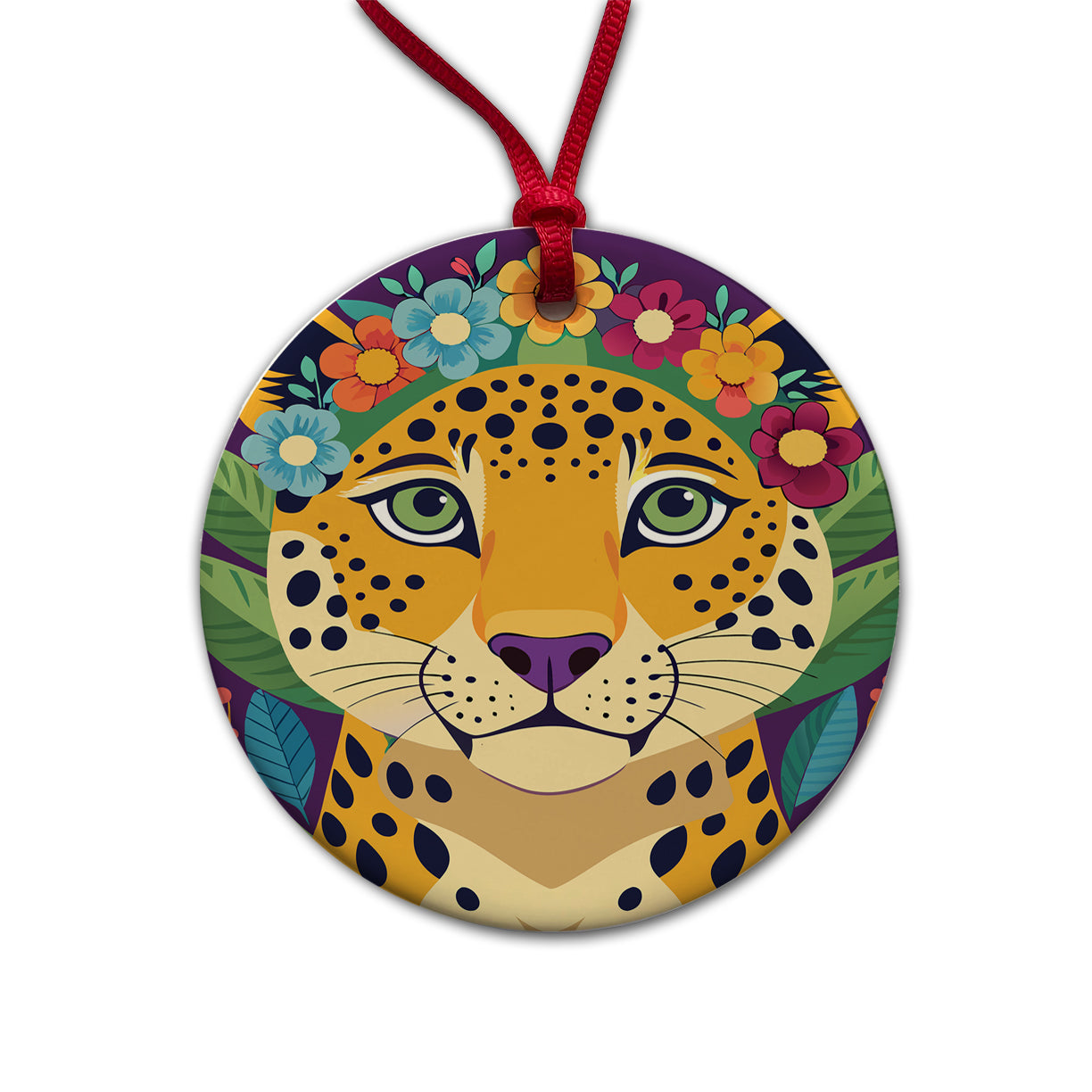 Cheetah Head Floral Flowers Round Ceramic Holiday Christmas Tree Ornament