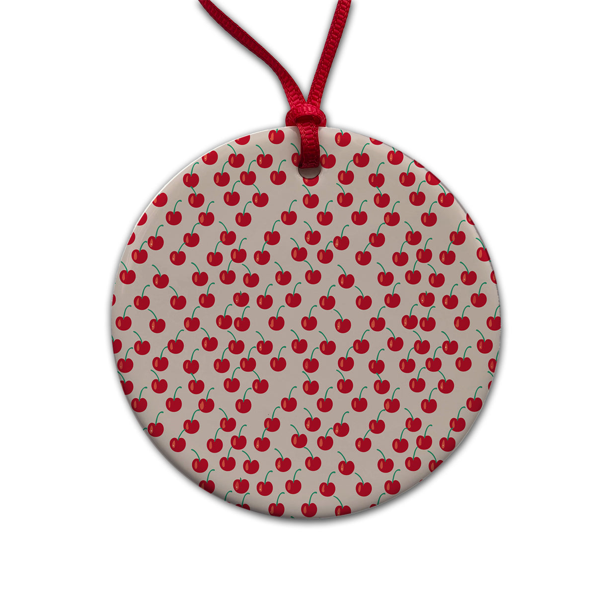 Cherries Cherry Cute Pattern Round Ceramic Holiday Christmas Tree Ornament