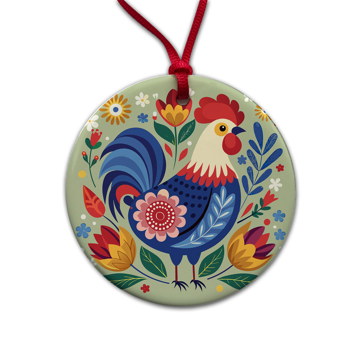 Chicken Rooster Floral Flowers Round Ceramic Holiday Christmas Tree Ornament