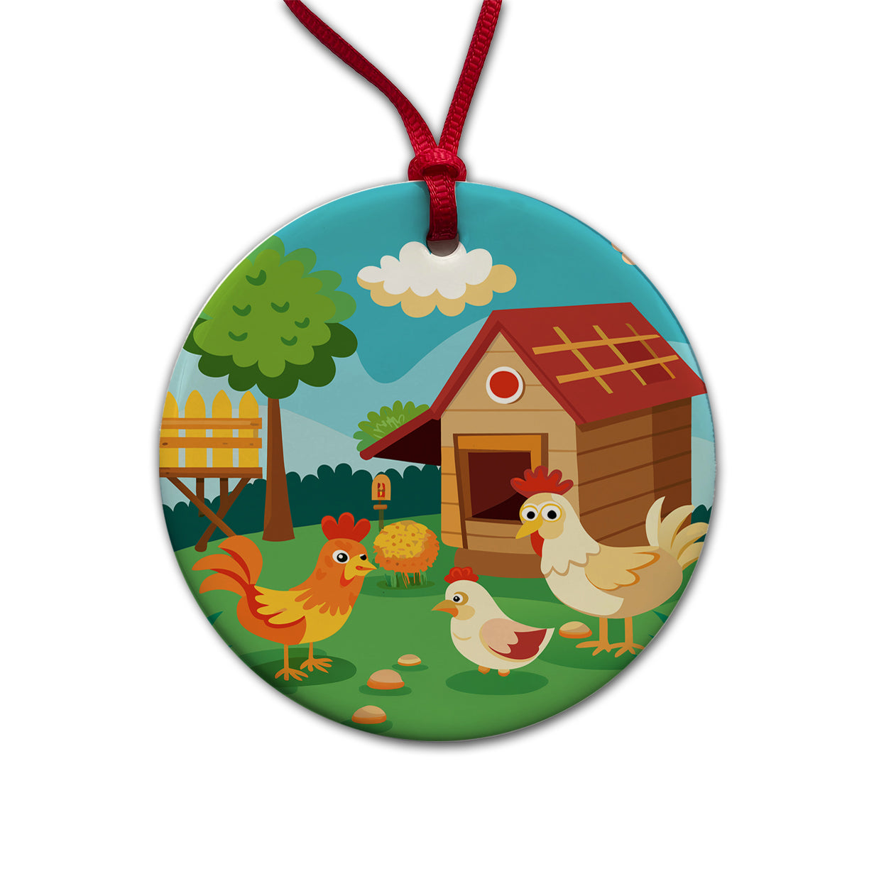 Chickens and Coop Cute Round Ceramic Holiday Christmas Tree Ornament