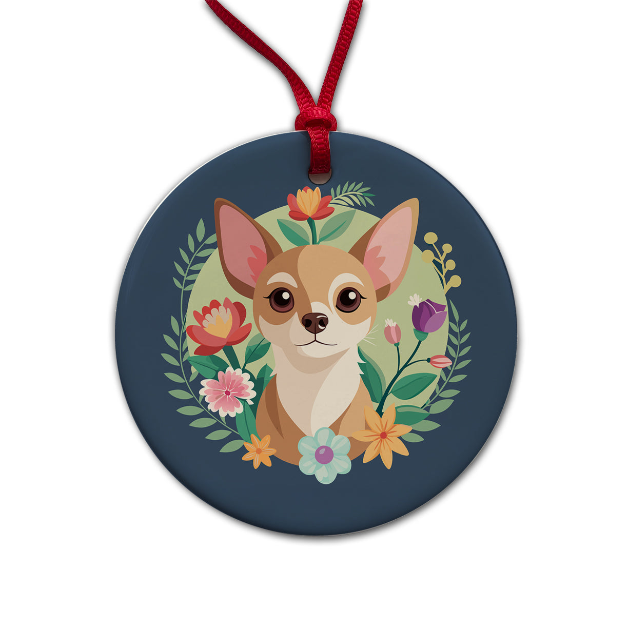 Chihuahua Dog Floral Flowers Round Ceramic Holiday Christmas Tree Ornament