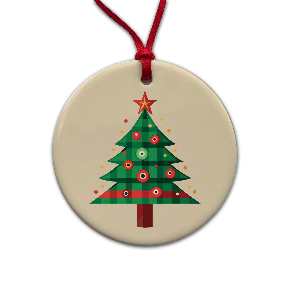 Christmas Tree Plaid Round Ceramic Holiday Christmas Tree Ornament