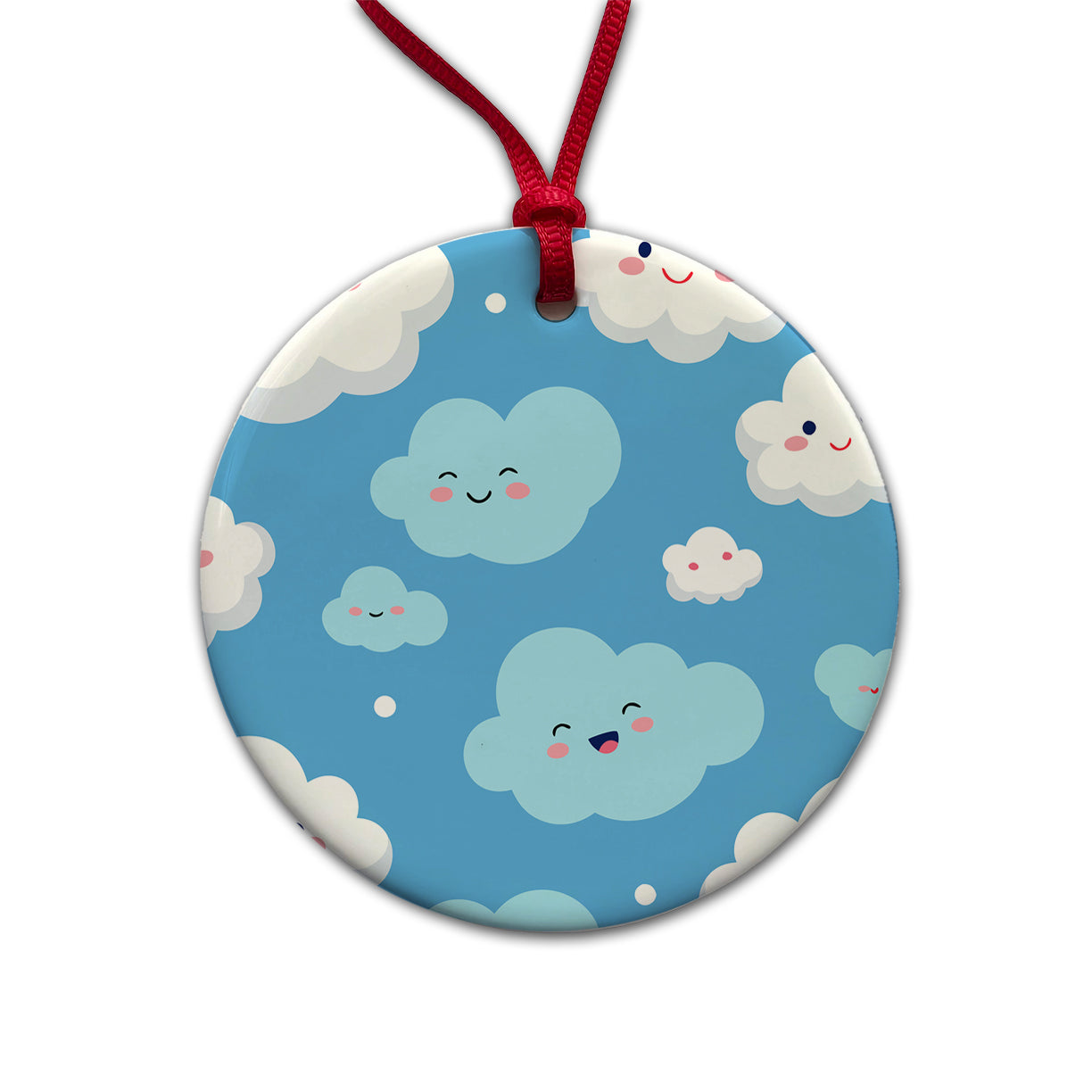 Clouds Happy Smiling Cute Pattern Round Ceramic Holiday Christmas Tree Ornament