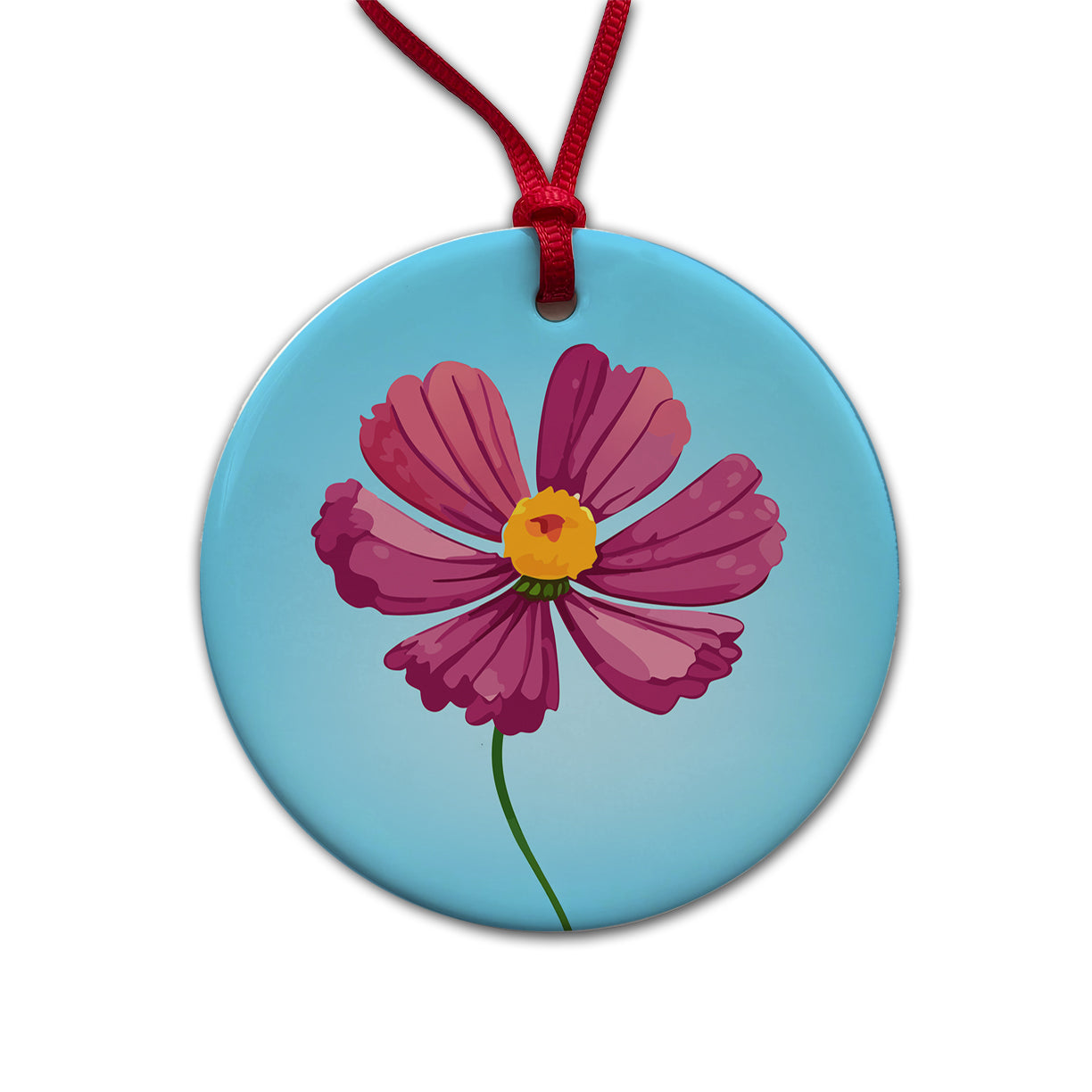 Cosmos Flower Pink Round Ceramic Holiday Christmas Tree Ornament