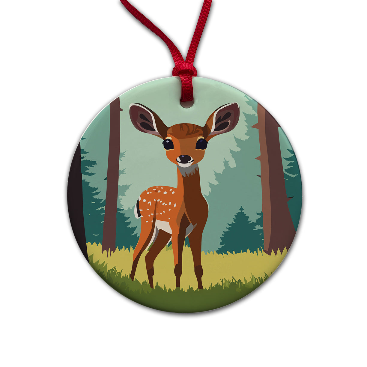 Deer Fawn Standing Round Ceramic Holiday Christmas Tree Ornament
