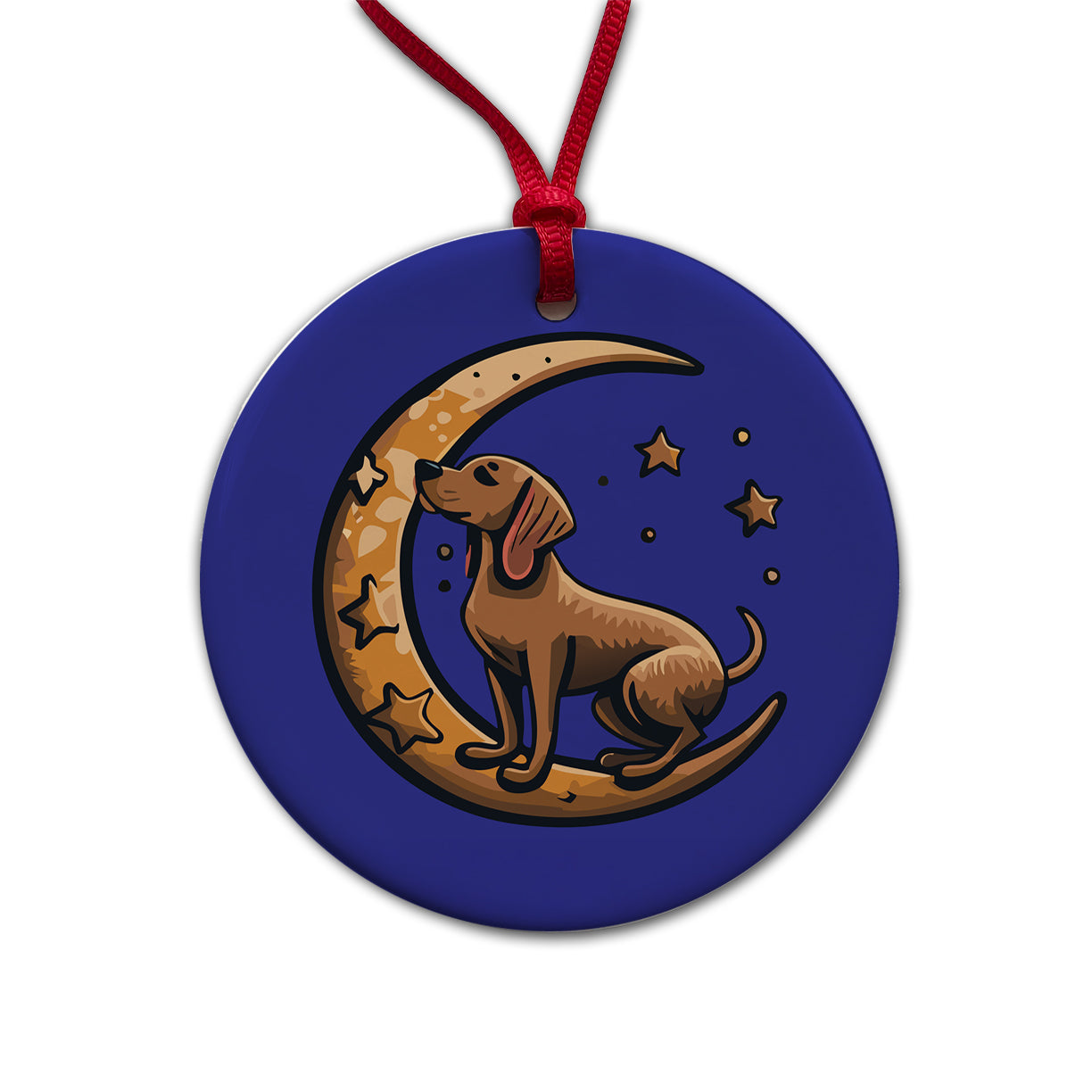 Dog on Crescent Moon Stars Cute Round Ceramic Holiday Christmas Tree Ornament