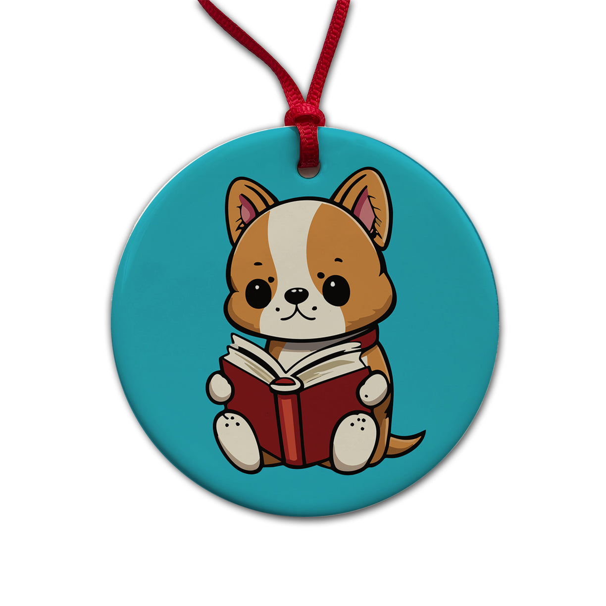Dog Reading Book Round Ceramic Holiday Christmas Tree Ornament