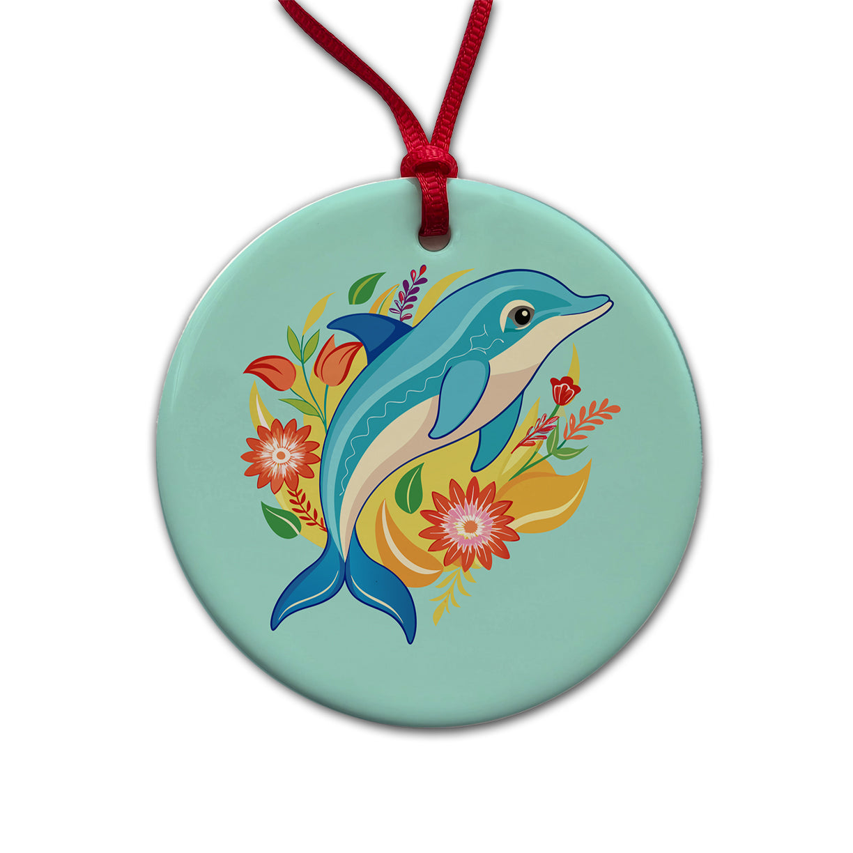 Dolphin Floral Flowers Round Ceramic Holiday Christmas Tree Ornament