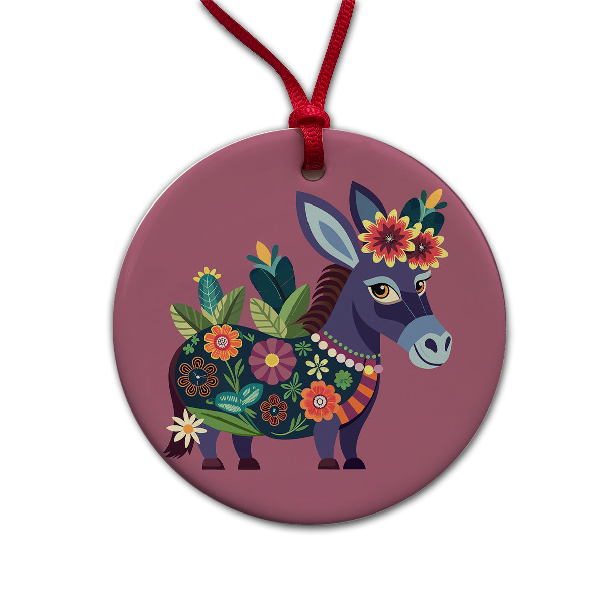 Donkey Floral Flowers Round Ceramic Holiday Christmas Tree Ornament