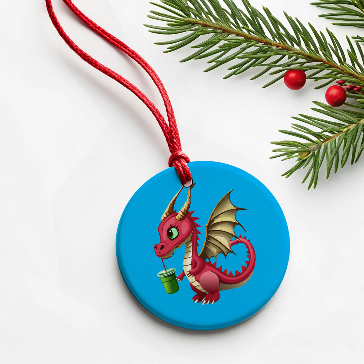 Dragon Drinking Boba Tea Funny Round Ceramic Holiday Christmas Tree Ornament