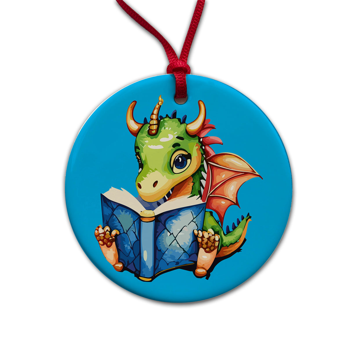 Dragon Reading Book Reader Round Ceramic Holiday Christmas Tree Ornament