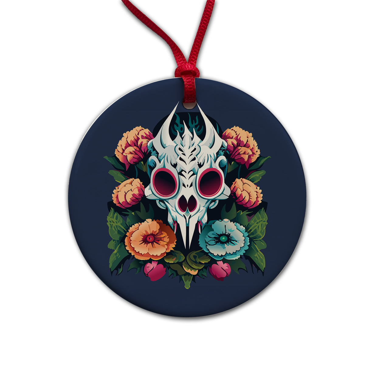 Dragon Skull and Flowers Round Ceramic Holiday Christmas Tree Ornament