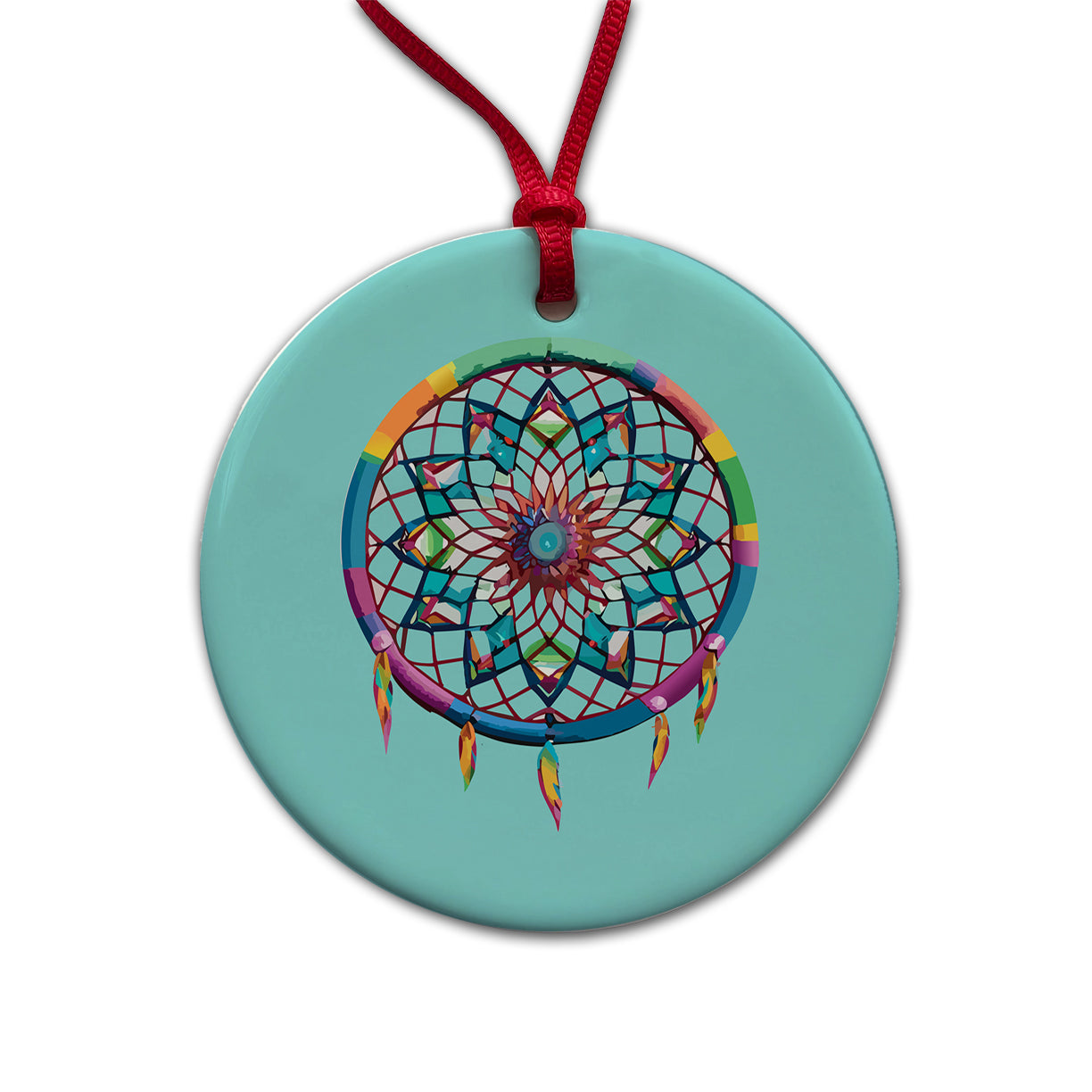 Dream Catcher Colorful Feathers Round Ceramic Holiday Christmas Tree Ornament