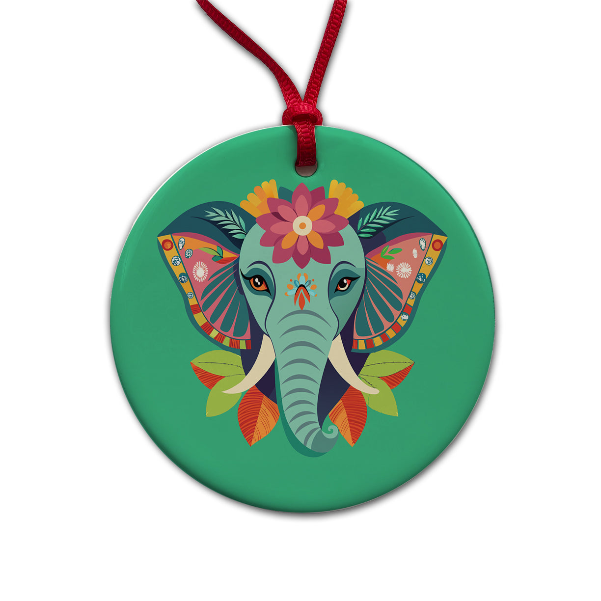 Elephant Head Floral Flowers Round Ceramic Holiday Christmas Tree Ornament