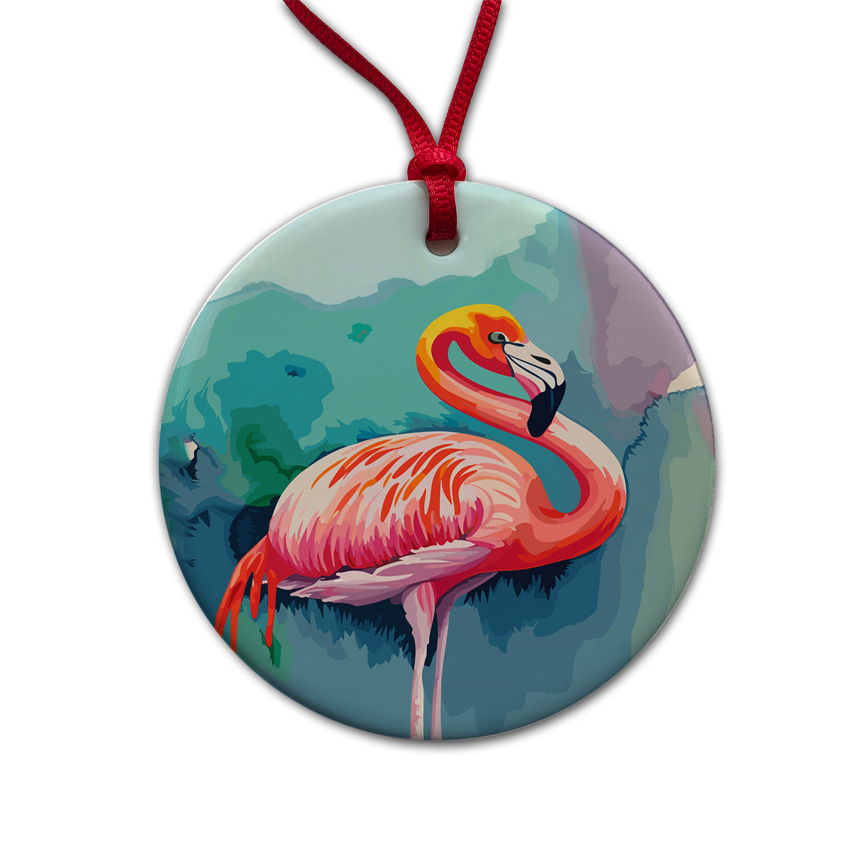 Flamingo Colorful Round Ceramic Holiday Christmas Tree Ornament