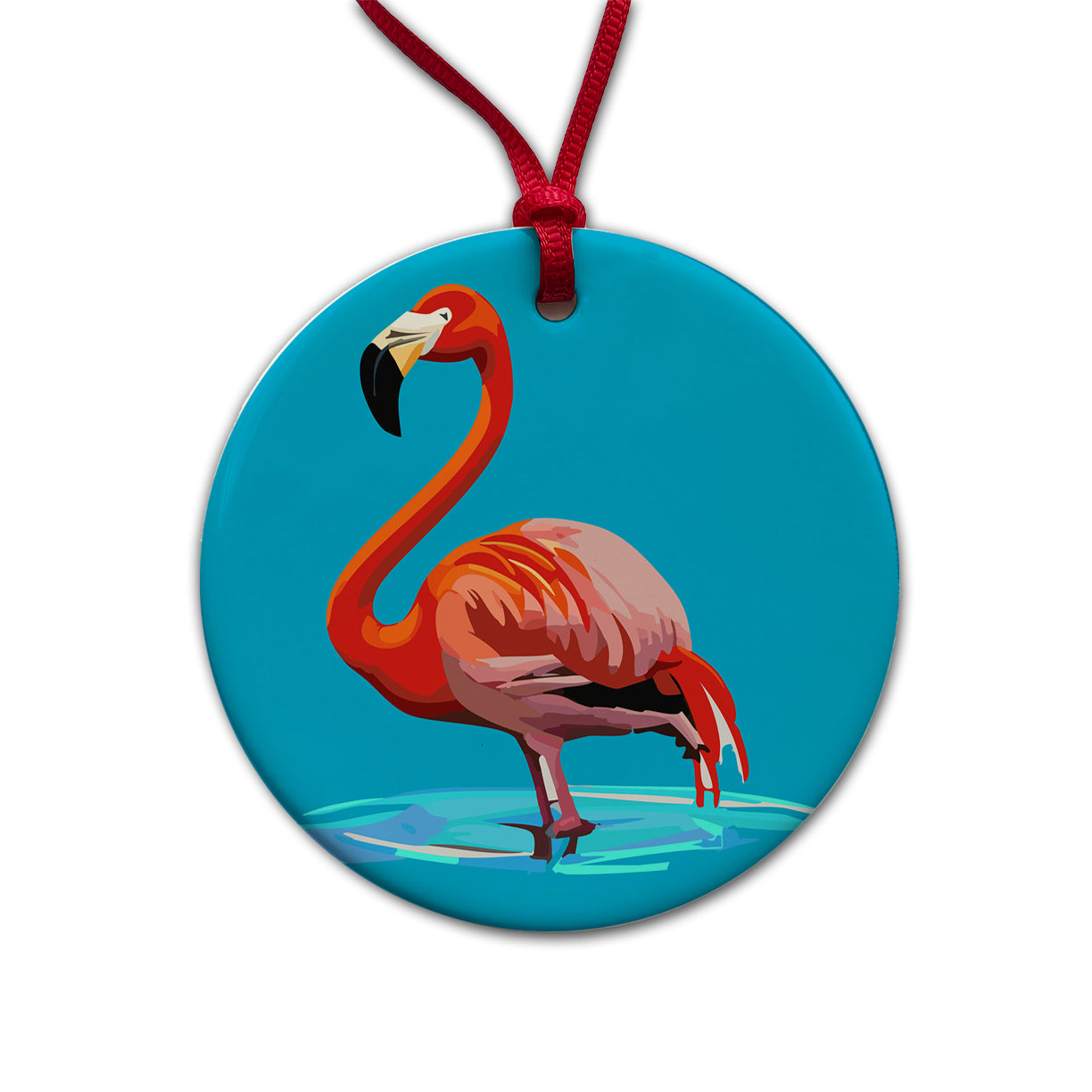 Flamingo Standing in Water Round Ceramic Holiday Christmas Tree Ornament