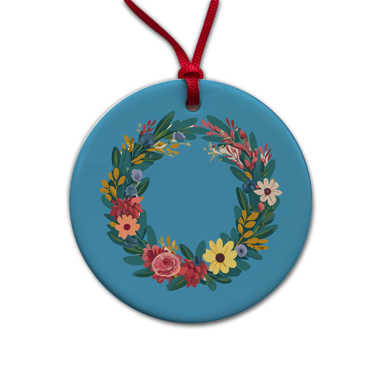 Floral Wreath Border Spring Round Ceramic Holiday Christmas Tree Ornament