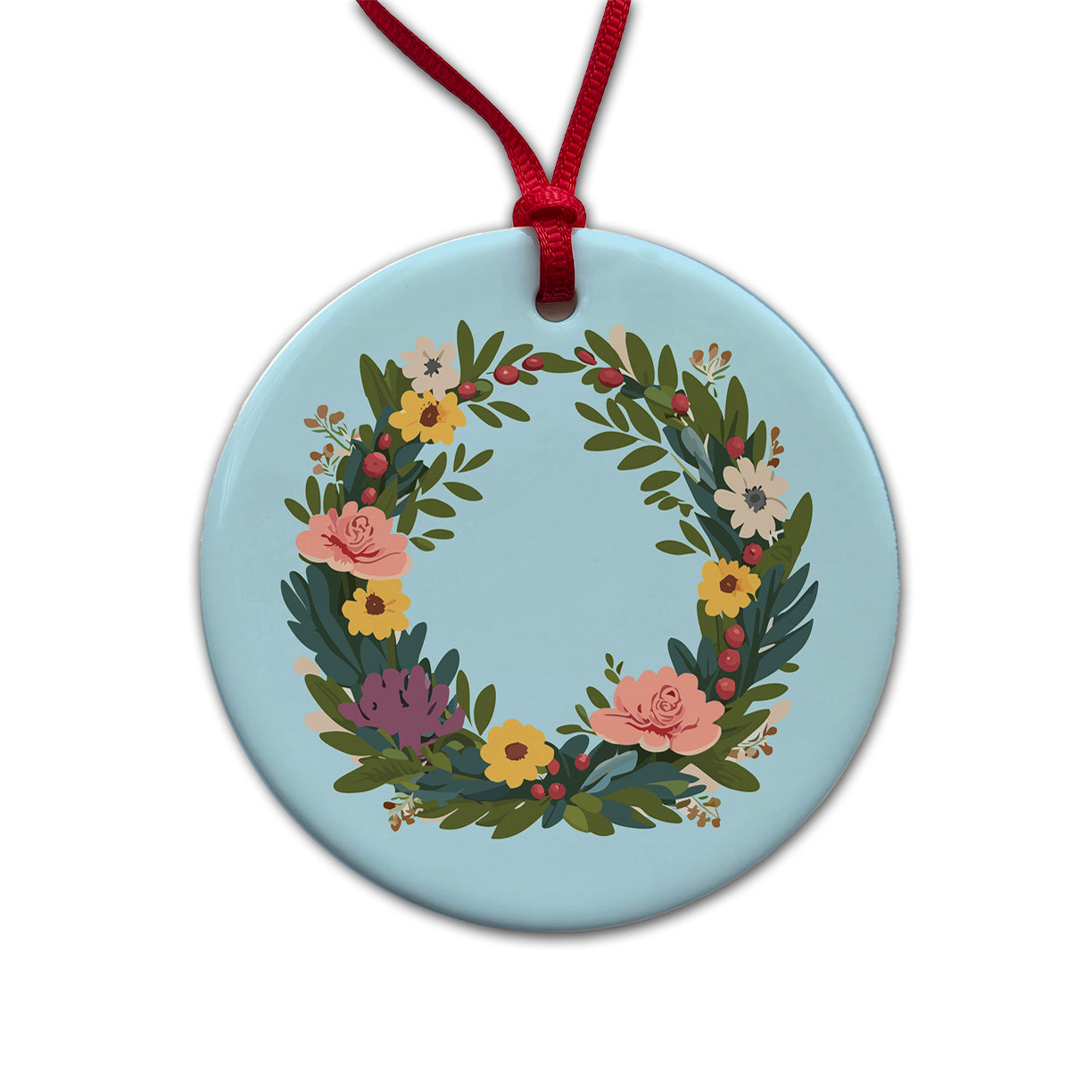 Floral Wreath Flowers Spring Wedding Round Ceramic Holiday Christmas Tree Ornament