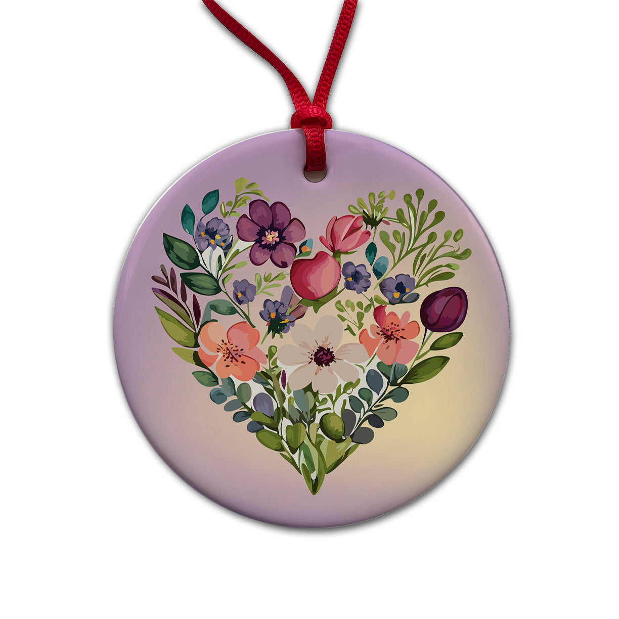 Flower Heart Floral Elegant Wedding Round Ceramic Holiday Christmas Tree Ornament